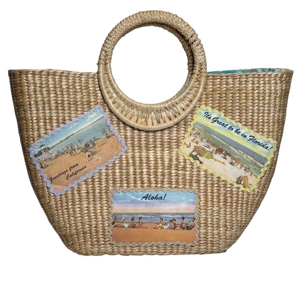Vintage Cappelli Straworld Raffia Tote Postcard Applique Beach Bag Y2K Coastal